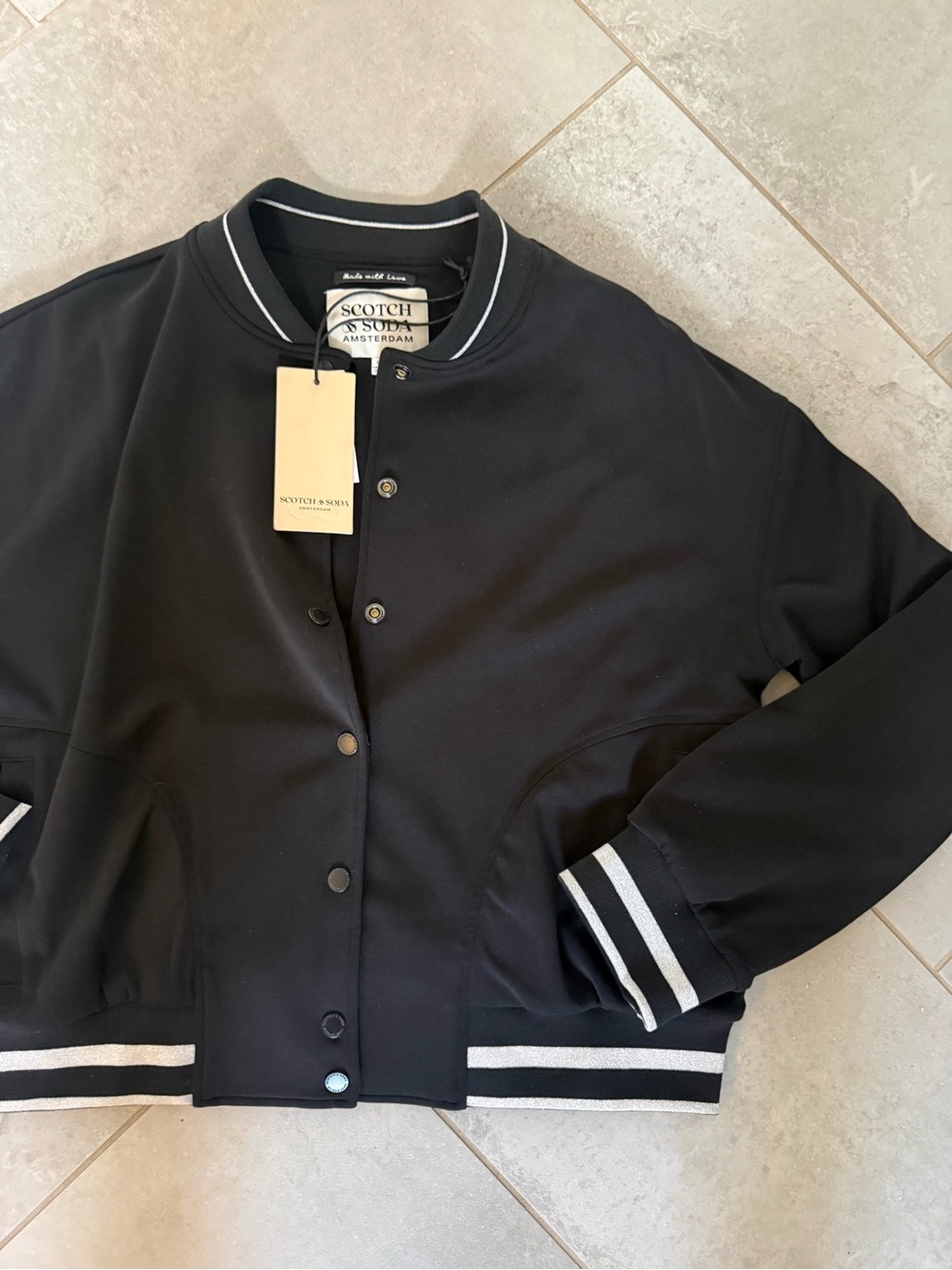 NWT Scotch & Soda Black Night Jacket with Stripe Trim-Large $128